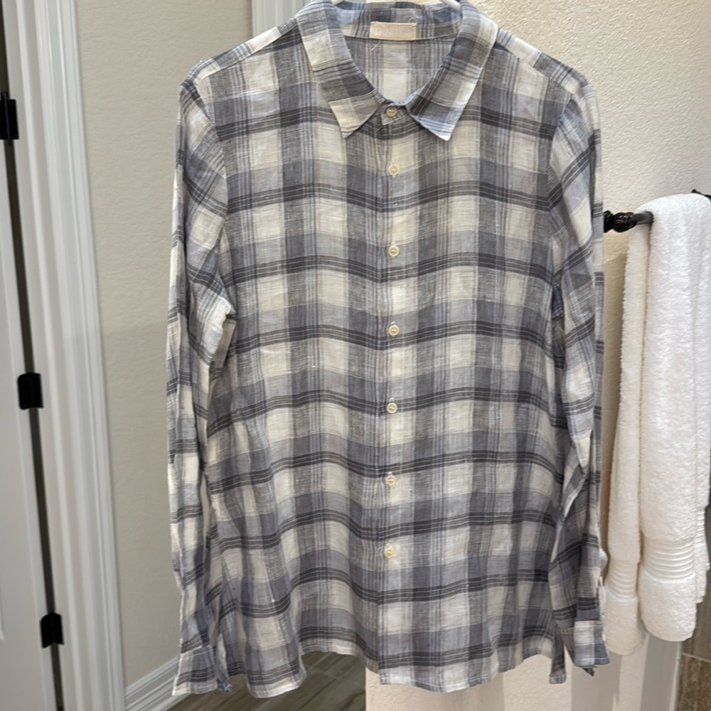 CP Shades Linen Gray Plaid Button Up Blouse Side Slits Size Medium